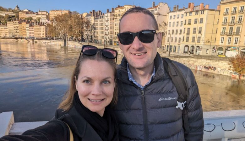 Jim and Michal on a bridge over the Saone river.