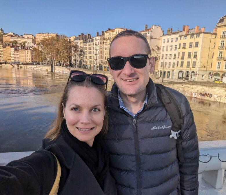 Jim and Michal on a bridge over the Saone river.